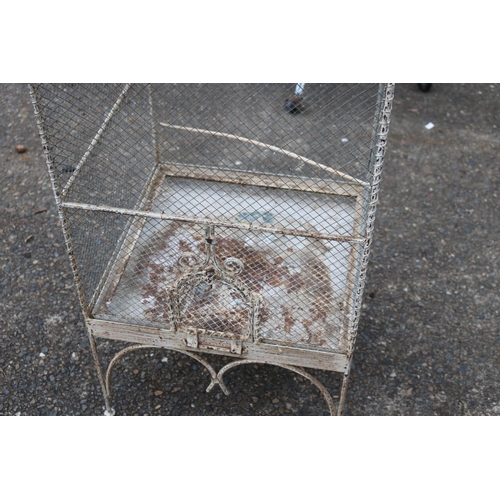 349 - Old French white painted iron bird cage, approx 146cm H x 56cm Sq