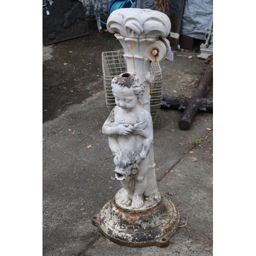 350 - Antique French figural cast iron garden fountain / pump, putti standing on dolphin, approx 108cm H