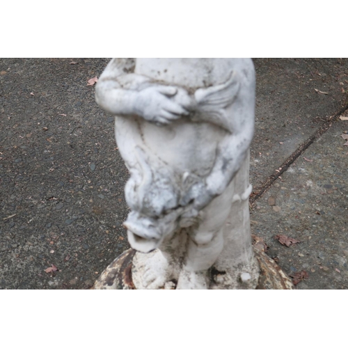 350 - Antique French figural cast iron garden fountain / pump, putti standing on dolphin, approx 108cm H