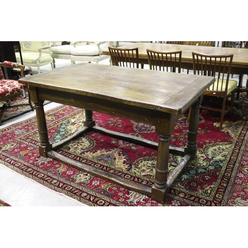 359 - English oak slab top refectory table, turned tapering legs, joined by side stretchers, approx 77cm H... 