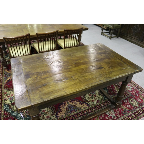 359 - English oak slab top refectory table, turned tapering legs, joined by side stretchers, approx 77cm H... 