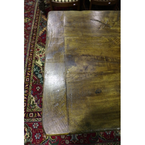 359 - English oak slab top refectory table, turned tapering legs, joined by side stretchers, approx 77cm H... 