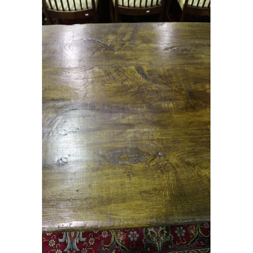 359 - English oak slab top refectory table, turned tapering legs, joined by side stretchers, approx 77cm H... 