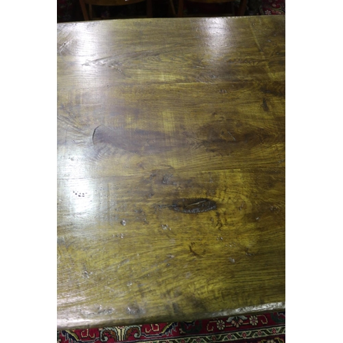 359 - English oak slab top refectory table, turned tapering legs, joined by side stretchers, approx 77cm H... 