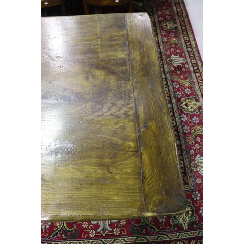 359 - English oak slab top refectory table, turned tapering legs, joined by side stretchers, approx 77cm H... 