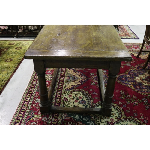 359 - English oak slab top refectory table, turned tapering legs, joined by side stretchers, approx 77cm H... 