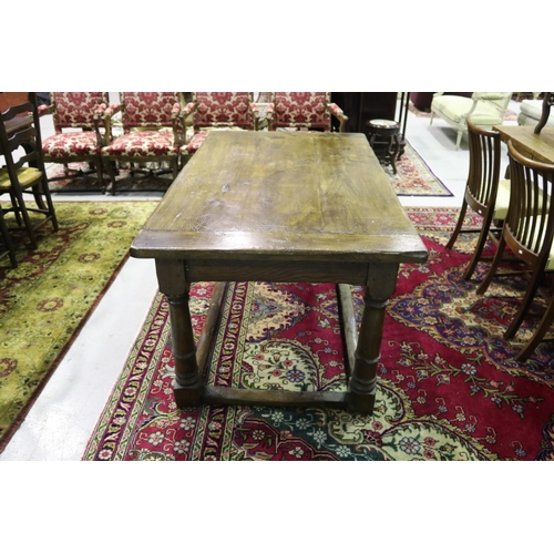 359 - English oak slab top refectory table, turned tapering legs, joined by side stretchers, approx 77cm H... 