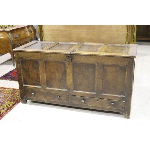 361 - Large antique English Georgian oak four panel top and front mule chest, with two drawers below, engr... 