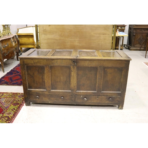 361 - Large antique English Georgian oak four panel top and front mule chest, with two drawers below, engr... 