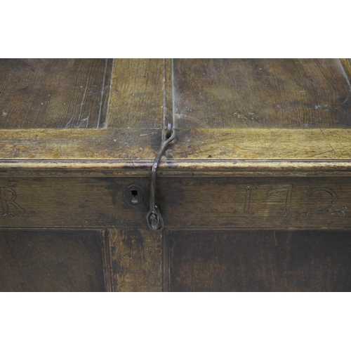 361 - Large antique English Georgian oak four panel top and front mule chest, with two drawers below, engr... 