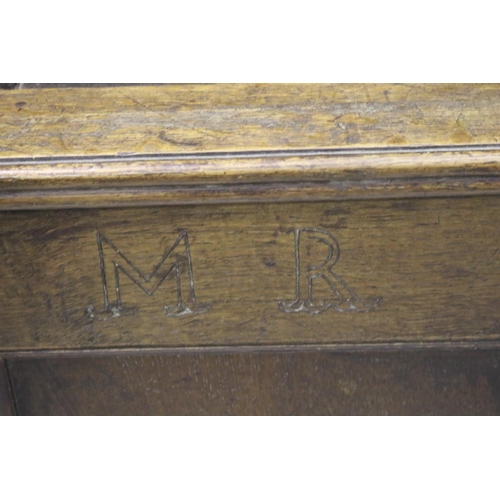 361 - Large antique English Georgian oak four panel top and front mule chest, with two drawers below, engr... 