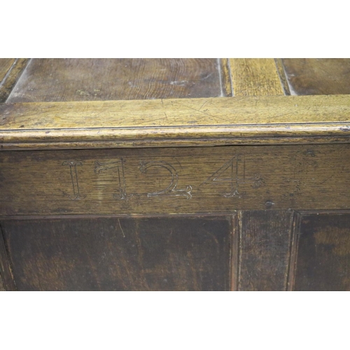 361 - Large antique English Georgian oak four panel top and front mule chest, with two drawers below, engr... 