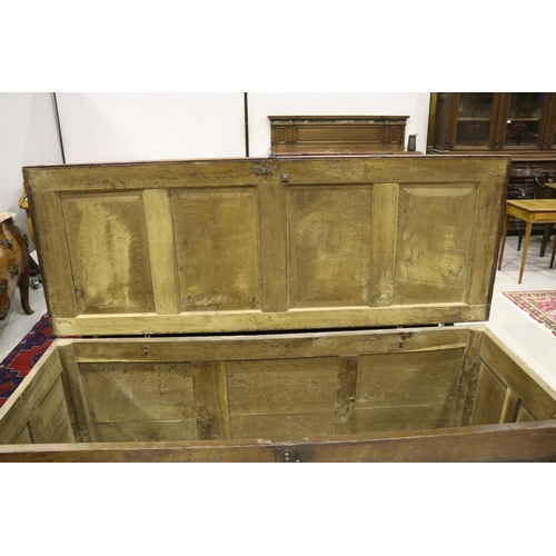 361 - Large antique English Georgian oak four panel top and front mule chest, with two drawers below, engr... 