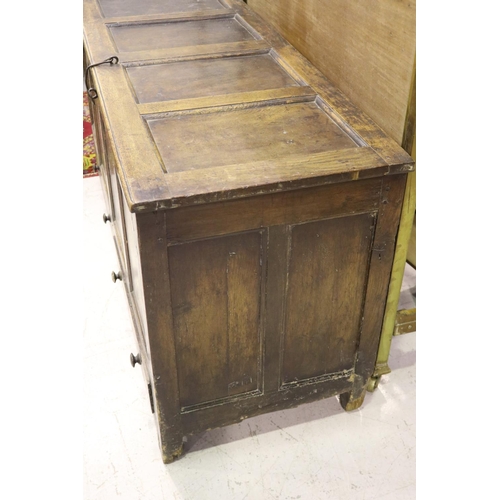 361 - Large antique English Georgian oak four panel top and front mule chest, with two drawers below, engr... 