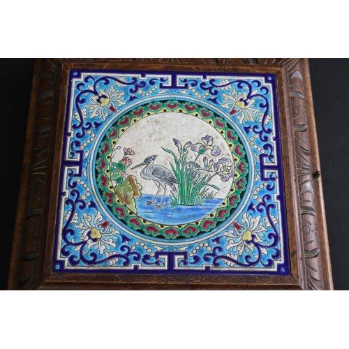 123 - Antique French carved oak and majolica tile table plateau, with service bell action, approx 6cm H x ... 