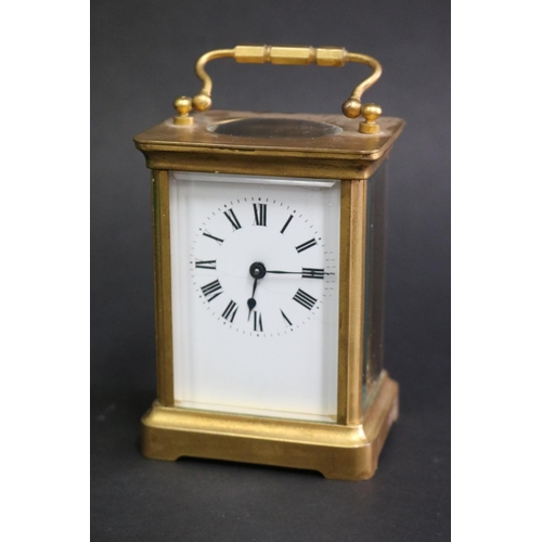 105 - Antique French brass cased carriage clock, has key (in office C140.73), unknown working condition, a... 