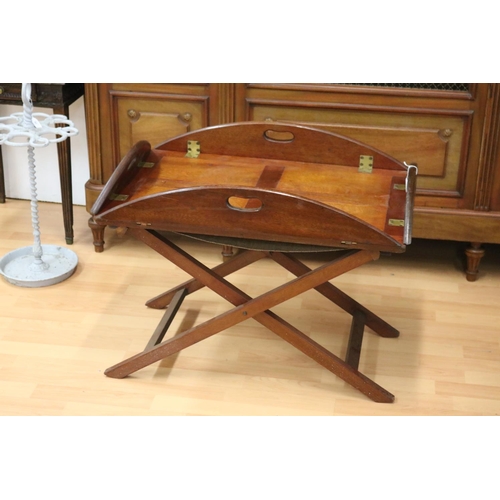 113 - English Georgian revival butlers tray on folding stand, approx 56cm H x 76cm W x 51cm D (with sides ... 