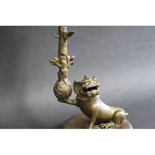 144 - Antique Oriental export finely cast bronze figural candlestick of a dog of fo, with candle, approx 4... 