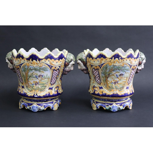 147 - Pair of antique French Faience glazed pottery jardiniere cache pots, decorated with panels of putti ... 