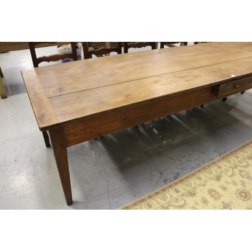 148 - Rare size antique French long farmhouse table, three oak plank top, standing square tapering legs, w... 