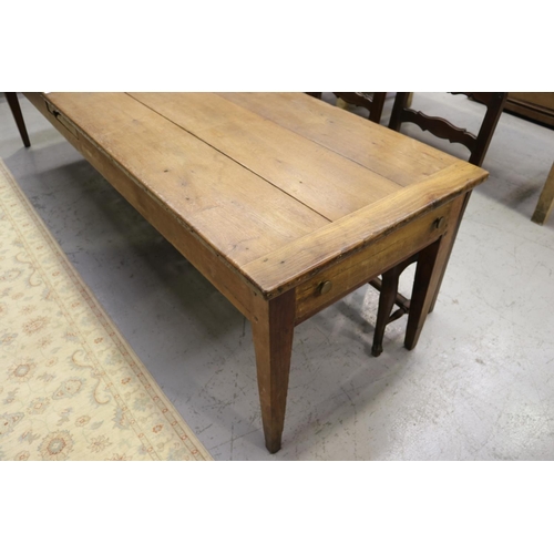 148 - Rare size antique French long farmhouse table, three oak plank top, standing square tapering legs, w... 