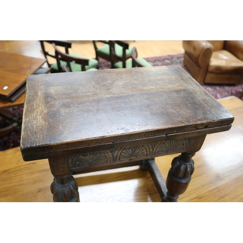 157 - Antique small scale English oak period revival drawer leaf table, approx 48cm H x 47cm W (closed) x ... 