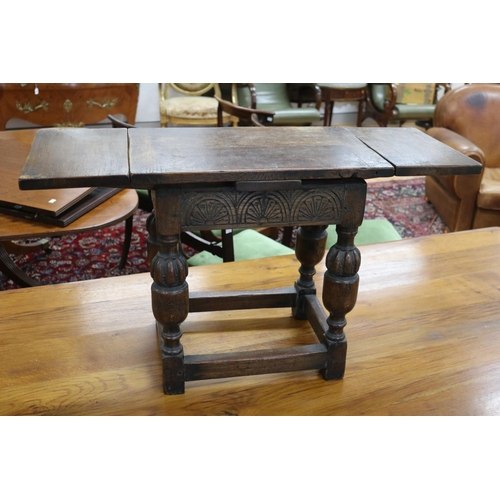 157 - Antique small scale English oak period revival drawer leaf table, approx 48cm H x 47cm W (closed) x ... 
