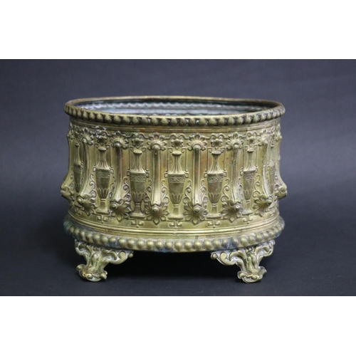 160 - Antique French Napoleon III embossed brass jardiniere decorated with twin handled urns and floral de... 