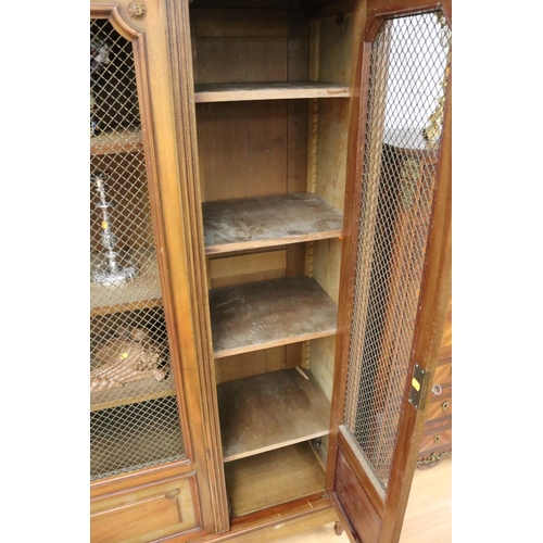 21 - Antique French three door bookcase, with gilt brass lattice grills to the door fronts, adjustable sh... 