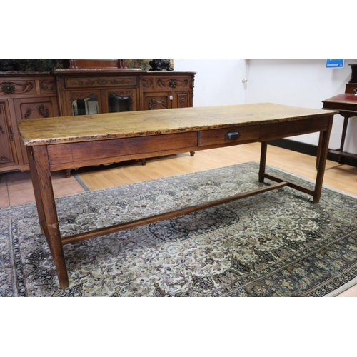 213 - Antique French rustic farmhouse table, with three drawers, approx 72cm H x 198cm L x 69cm W