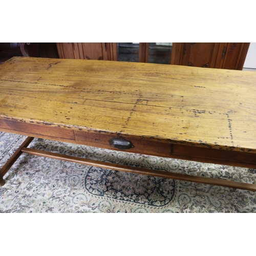 213 - Antique French rustic farmhouse table, with three drawers, approx 72cm H x 198cm L x 69cm W