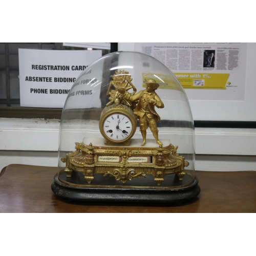 243 - Antique French figural mantle clock under glass dome, has key and pendulum (in office C139.102), unk... 