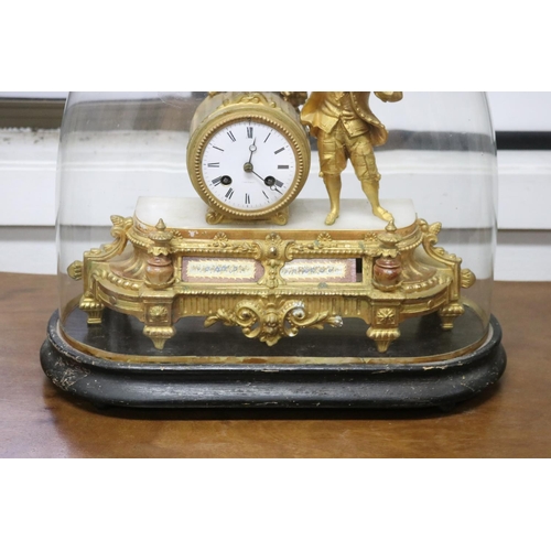 243 - Antique French figural mantle clock under glass dome, has key and pendulum (in office C139.102), unk... 