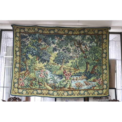 248 - Vintage French needlework tapestry, showing water side scene, of green ground, approx 123cm x 170cm