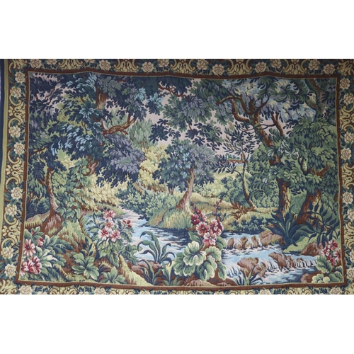 248 - Vintage French needlework tapestry, showing water side scene, of green ground, approx 123cm x 170cm