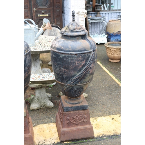 265 - Most impressive antique French cast iron garden urns with lids, standing on pedestal bases, each app... 