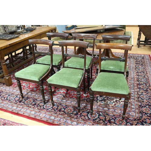 286 - Set of six antique English rosewood William IV period dining chairs, green velour drop on seats (6)