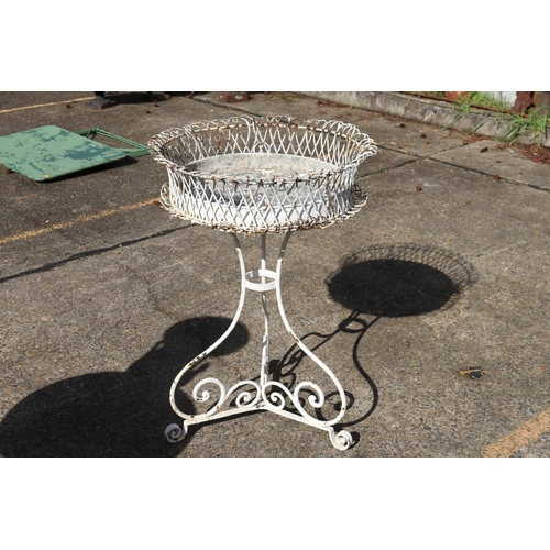 297 - Antique French circular tri form support jardinière table, wire work top, approx 86cm H x 61cm Dia