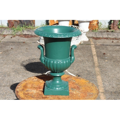 330 - French green painted cast iron garden urn, approx 45cm H