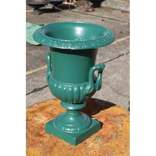 330 - French green painted cast iron garden urn, approx 45cm H