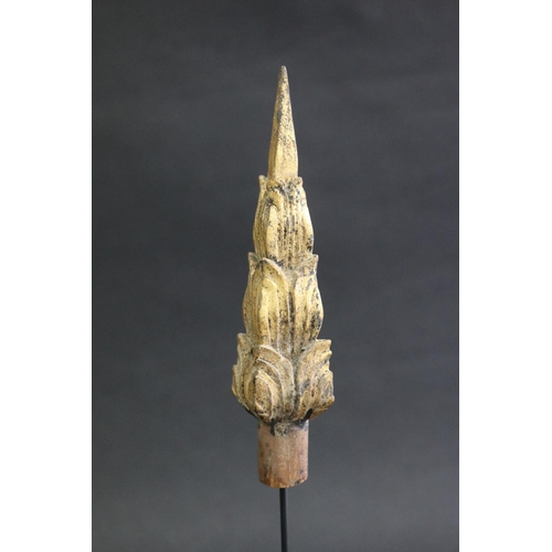 332 - Old Thai wooden spire on stand, approx 17cm H (ex stand)