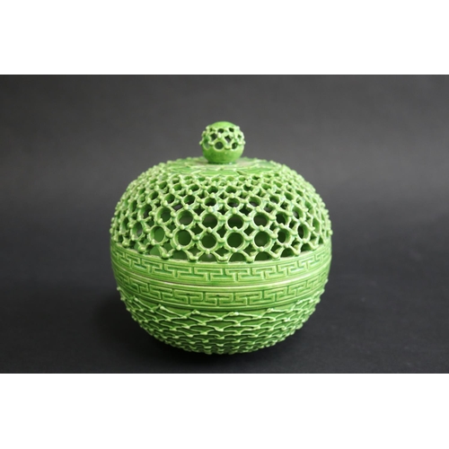 334 - Reticulated Oriental green porcelain lidded pot with closed base, approx 14cm H x 13cm Dia