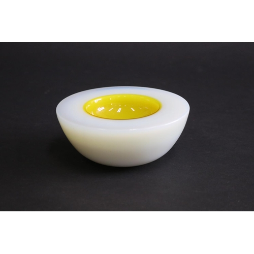 338 - Art glass geode bowl, yellow and milk glass over lay, approx 5.5cm H x 13cm Dia