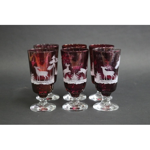 343 - Set of six Bohemian etched red glasses, each approx 15cm H (6)