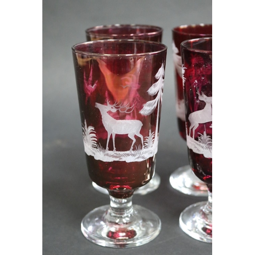 343 - Set of six Bohemian etched red glasses, each approx 15cm H (6)