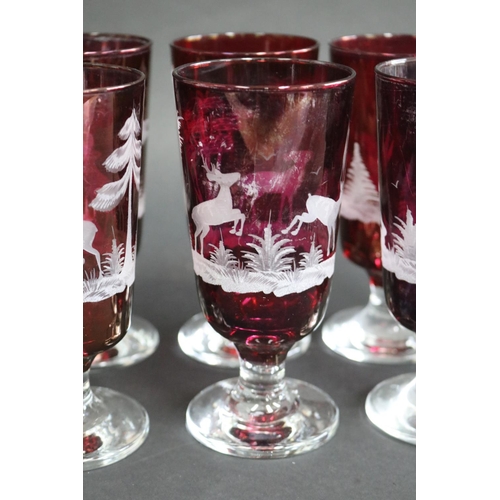 343 - Set of six Bohemian etched red glasses, each approx 15cm H (6)