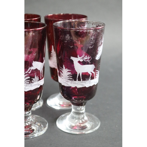 343 - Set of six Bohemian etched red glasses, each approx 15cm H (6)