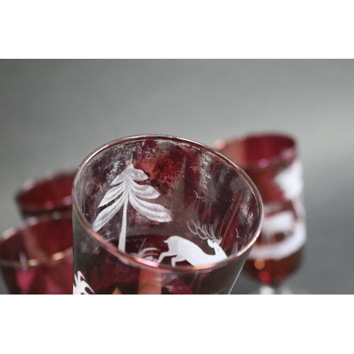 343 - Set of six Bohemian etched red glasses, each approx 15cm H (6)