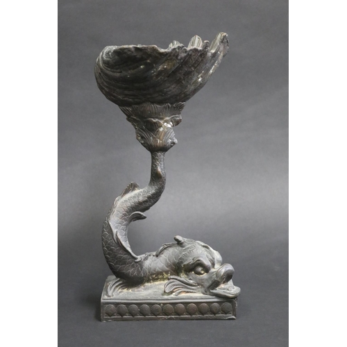 37 - Decorative cast bronze dolphin and shell comport, approx 30cm H x 15cm W