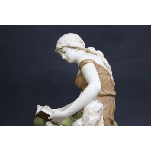 38 - Large Antique Royal Dux porcelain figure of a semi clad female reading a book, with pink triangle lo... 